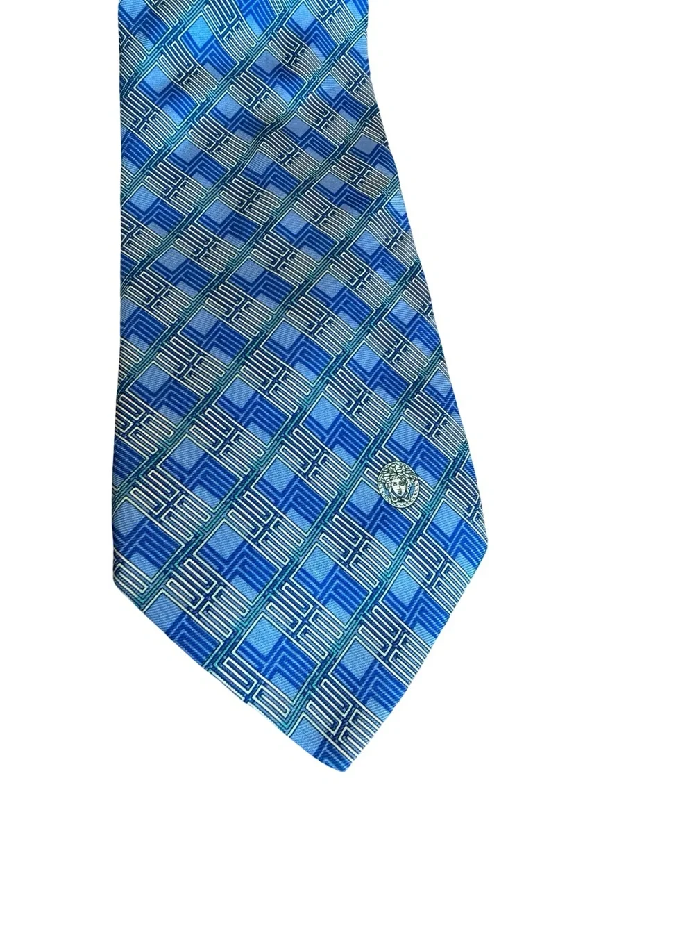 Versace 100% Silk Blue Geometric Print Neck Tie Luxury Designer Work Office